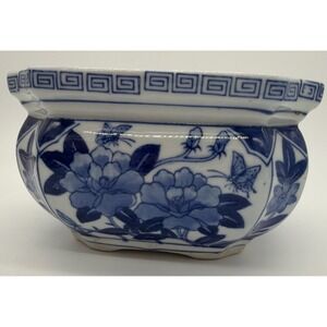 Antique ASIAN ORIENTAL Blue White Porcelain Bonsai Planter Bowl Floral Design